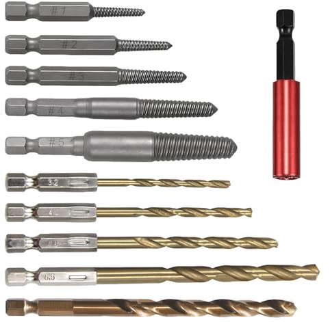 11PCS Screw Extractor Set 5 PCS HSS 4341 Screw Extractor Remover 5 PCS Twist Drill Bit Kit and 1 Extension Pole Screw Remover Double Ended for Damaged Broken Stripped Screws