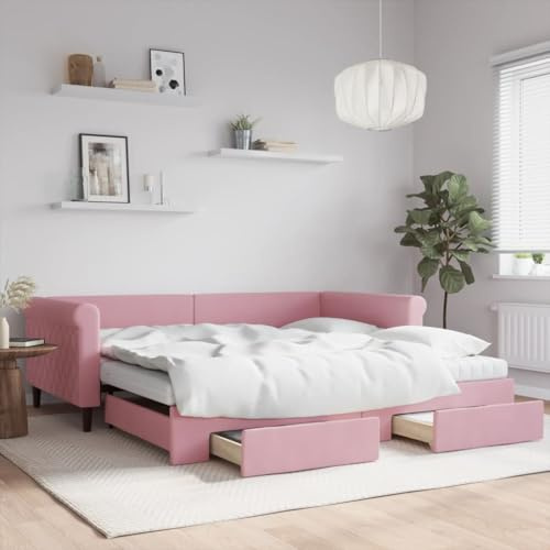 Teenpull Tagesbett Ausziehbar mit Schubladen Rosa 100x200 cm Samt, Polsterbett mit Schaumstoffmatratzen und Rollen, Vielseitiges Schlafsofa für Gäste