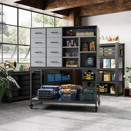 PREMTURE Tool Cabinet On Wheels, Rolling Tool Trolley Cart with Large Storage Space, Tools Storage Organizer with Pegboard for Workshop Garage, Black & White