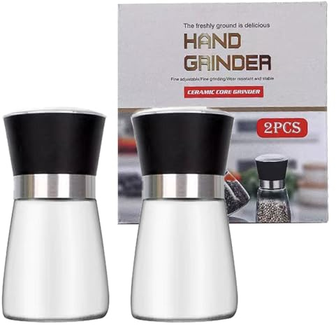 Juego de 2 molinillos de sal y pimienta de acero inoxidable y cristal con muela de cerámica ajustable – Ajustable manualmente para especias recién molidas, accesorios de cocina