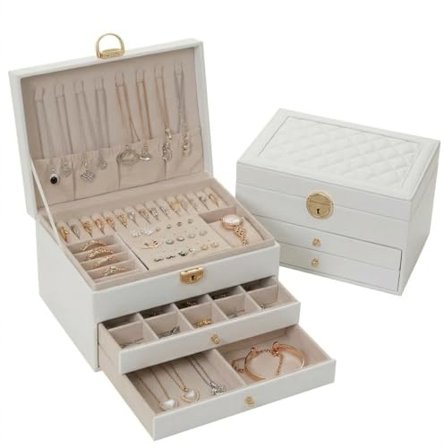 KIVEA Schmuckaufbewahrung Organizer Box, 3-teiliges Set mit Mehreren Fächern, Schmuckkästchen für Ringe Ohrringe Ketten, Holz mit Samtfutter (Weiß)