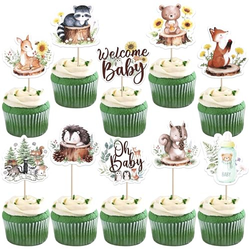 SYKYCTCY 40 Pack Woodland Animals Cupcake Toppers Jungle Animals Cupcake Picks Welcome Baby Cake Decorations For Wild One Baby Shower Theme Party Supplies Decor