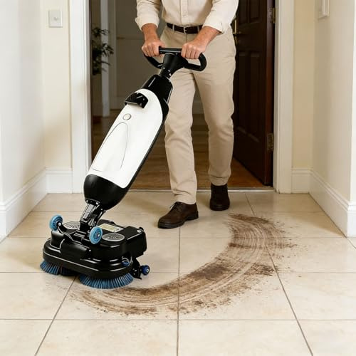 Lakenbroade Cordless Tile Polisher and Floor Scrubber, Automatic 36V/10.5A, 2 Adjustable 200W Brushes, Separate 4L and 6L Water Tanks White