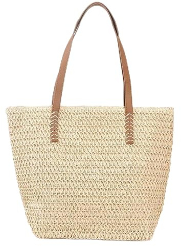 EDLMKM Straw Shoulder Bag For Women, Large Straw Bag, Large Summer Beach Straw Bag with Handle Zipper, Tote Bag for Summer Holidays and Everyday Use