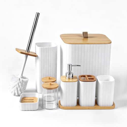 EXLECO 9-teiliges Badezimmer Set Schwarz | Toilettenbürste, Halter, Wattestäbchen-Behälter, Mülleimer, Seifenspender, Zahnputzbecher, Zahnbürstenhalter, Seifenschale