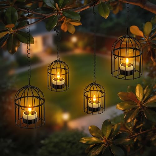 SoulBay Lanterne Appendi con Luminose Luci Solari a Tè - 4pz (2 Grandi, 2 Piccole) Luci da Giardino Solari Impermeabili per Albero Patio Recinzione Decorazione Giardino Casa – Lanterne Solari con