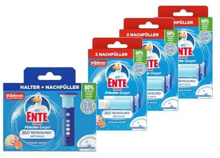 WC-Ente Frische-Siegel Ocean Wave Starter Set + 7 Nachfüller, WC Reiniger Gel, Frischer Duft, Toilettenreinigung, Vorratspack