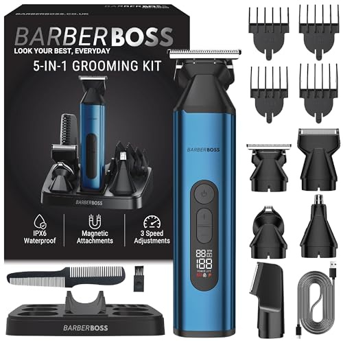 BarberBoss All-in-one Men’s Grooming Kit, Beard, Hair & Body Trimmer with Nose & Ear Trimmer and Foil Shaver, Cordless USB Rechargeable Groomer for Men with LED Display & 3 Speeds