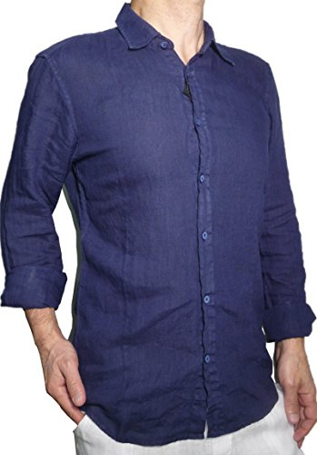 Fantasy Camicia Uomo Ragazzo Puro Lino Taglio Avvitato Slim Manica Lunga Leggera Fresca Estiva (58 5XL, Blu)