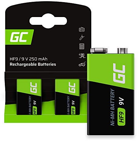 Green Cell 250 mAh, 9 V, 2 batterie precaricate NI-MH, 9 V, batterie ricaricabili HF9, 9 V, immediatamente pronte all'uso, bassa autoscarica, batteria ricaricabile, senza effetto memoria