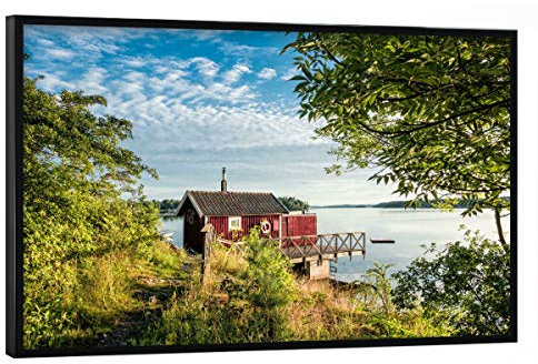artboxONE Poster mit schwarzem Rahmen 45x30 cm Natur Holzhütte auf Lidingö - Bild schären holzhaus Insel