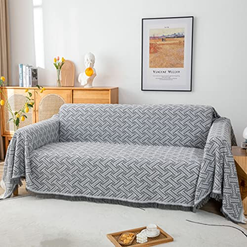 LHGOGO Großer Sofa Überwurf aus Baumwolle | Jacquard Webart | Übergröße Decke als Couchbezug mit Fransen | Für Ecksofa, 3-Sitzer & als kuschelige Wohndecke - Hellgrau, 180x300cm