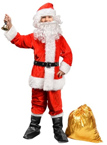 SUNHUKUS Kids Santa Costume,9PCS Santa Claus Costume for Kids, Christmas Boys Santa Costumes Children's Santa Suit Outfit