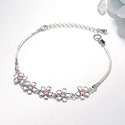 BVFRA Bracelet Argent Femme,S925 Argent Petites Fleurs De Cerisier Fraîches Incrusté Rose Zircon Meilleur Ami Bracelet Charme Réglable Bijoux Fins Cadeau pour Femmes Fille Couples