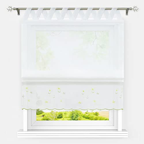 Heichkell Raffrollo mit Wellen Schlaufen Küche Raffgardine Landhausstil Kleinfenster Vorhang Bestickt Schlaufenrollo Transparent Leinenoptik Blumenstickerei BxH 140x140 cm