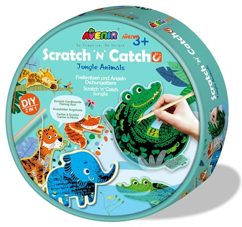 Avenir 6301788 Kratzbilder, Angelspiel, Dschungeltiere, DIY, 2-in-1 Kreativspiel ab 3 Jahren