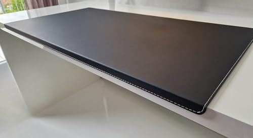Gewinkelte Schreibtischunterlage mit Kantenschutz Echt Leder Schwarz mit grauer Naht 90cm x 48cm Echt Nappaleder glatt. Ohne Mousepad