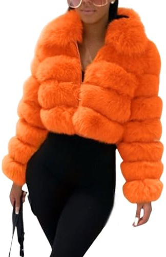 loveimgs Women Fluffy Faux Fur Coat Cropped Jacket Puffer Jacket Zip Up Winter Warm Fuzzy Teddy Jacket (Medium,Orange)