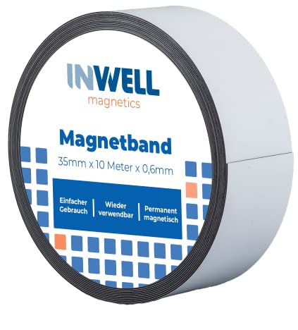 Inwell - Magnetband 35 mm mit Whiteboard-Beschichtung | Länge 10 meter | Magnetbänder mit weißer Oberfläche | Für einem Whiteboard-Marker | Magneten beschriftbar