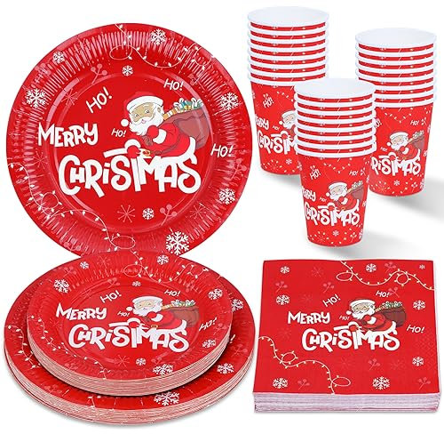 ZVK Piatti di carta, Tovaglioli e Bicchieri di carta usa e getta 96 pezzi Babbo Natale Festa di Natale, Festa di Capodanno, Set di Stoviglie per 24 persone