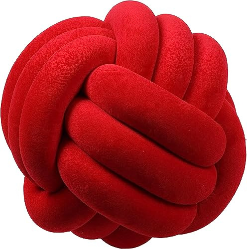 Cyprinus Carpio 3 Strands Handmade Wrinkle Free Knot Ball Pillows, Home Decoration Plush Soft Pillow,Throw Knotted Firmed Lumbar Pillow RED 8x8Inch (Pack of 1)