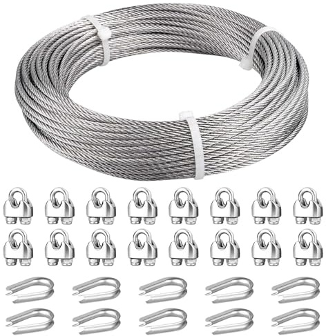 Fshihine Stahlseil 5mm, 30M Edelstahl-Drahtseil 304, 7x19 Konstruktion Spanndraht mit M5 Drahtseilkauschen & Drahtseilklemmen, Bruchlast 1600 kg, Stahlkabel Set für den Außenbereich, Garten, Geländer