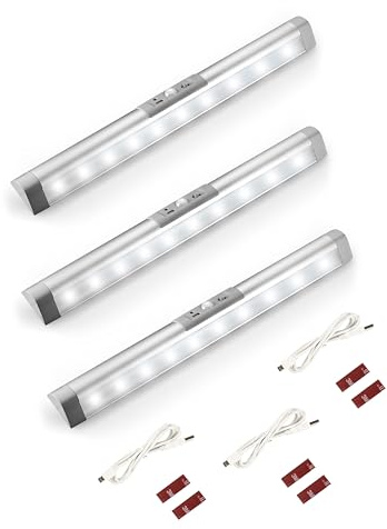 Joyzy 3 Pack Automatic Motion Sensor Closet Lights with Eye-Protection Design, LED Under Cabinet Wireless Lighting, Rechargeable Closet Lightings for Wardrobe Pantry Light