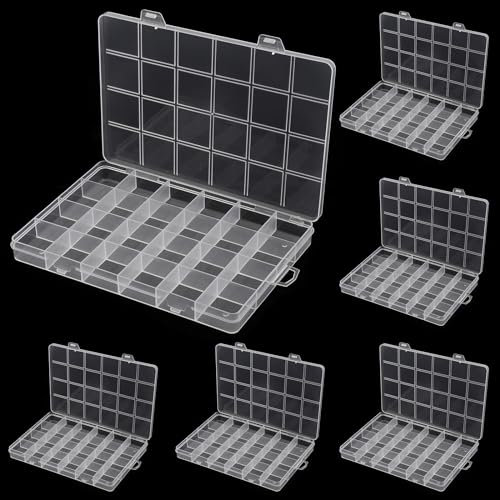 ZEONHEI 6 Stück 24 Fächer Aufbewahrungsbox, Klar Klein Kunststoff Sortierboxen mit Trennwänden, Kleinteilebox Sortierbox für Kleinteile, Schmuck, Perlen, Ohrring (FIXED STYLE)