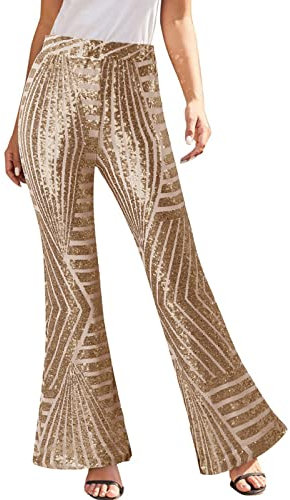Duohropke Damen Pailletten Schlaghose Mit Hoher Und Basic Taille Mode Weitem Bein Schlaghose Disco Hose Vintage Damen Freizeithose