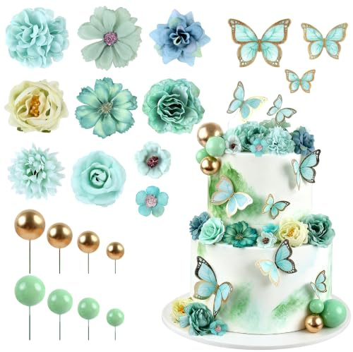 38Stk Schmetterling Kuchen Dekorationen Künstliche Grün Blumen Kuchen Toppers für Schmetterling Grüner Geburtstag Brautdusche Blaue Grün Hochzeitskuchen Dekorationen