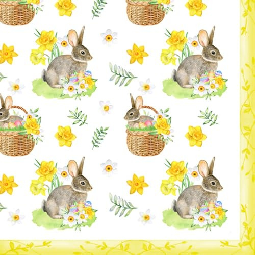 20 Servietten Ostern Hasen an Korb und Blumen als Tischdeko. Papierservietten mit Motiv. Auch für Decoupage und Serviettentechnik 33x33cm