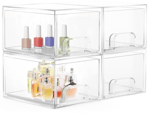 4 Pezzi Impilabile Organizer Cassetti,Acrilico Trasparente Organizer Bagno per Trucchi Organizer Porta,Dispensa,Organizzazione Domestica e Conservazione,Bancone da Bagno con 32 Tappetini Antiscivolo