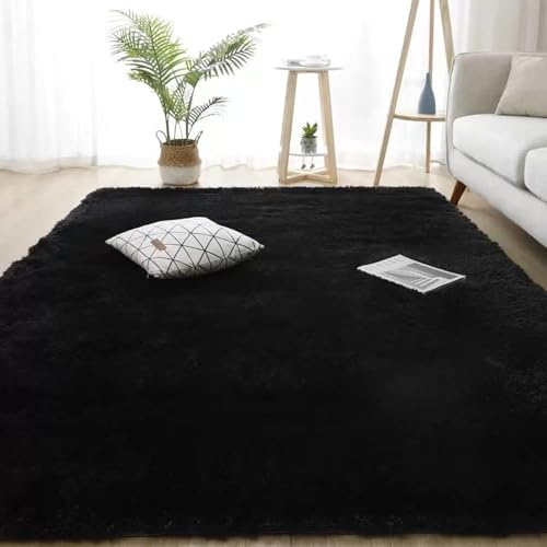 YUANWAN Hochflor Teppich Wohnzimmer 120 x 130 cm Weich Flauschig Moderne Deko Moderner Zottelig Flauschig Weich Teppiche Plüsch Teppich für Schlafzimmer, Wohnzimmer, Schwarz