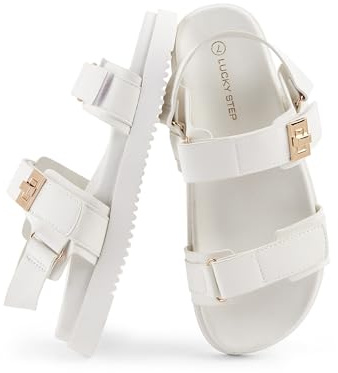 LUCKY STEP Women's Flat Sandals Casual Open Toe Beach, White 7