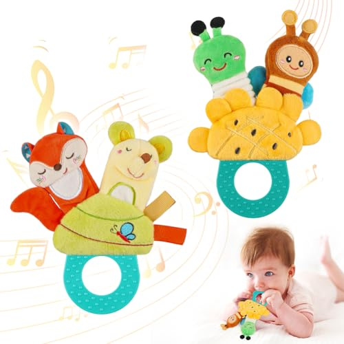 HOTUT Baby Soft Rattles, 2 Pack Finger Rattle Toys, Plush Animal Rattle Toys for Babies, First Baby Sensory Toy with Sound for 0-3, 3-6, 6-9, 9-12 Months Infant Gift (Fox, Mouse, Caterpillar, Bee)