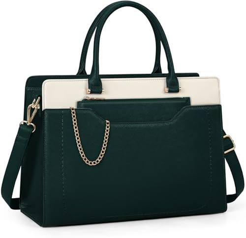 RAINSMORE Laptop Tote Bags for Women 15.6 Inch Designer Ladies Leather laptop handbags Waterproof Briefcase with Clutch Bag for Work School Business Green+White