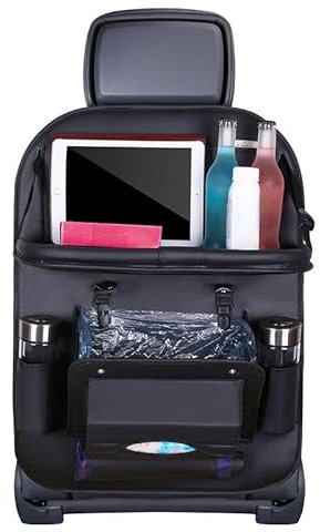DAHJSD Auto Rücksitz Aufbewahrung für VW Caddy 2015-2021, PU-Leder Auto Rücksitz-Organizer mit klappbarem Esstisch, Taschentuchhalter und Müllbeuteln,A Black
