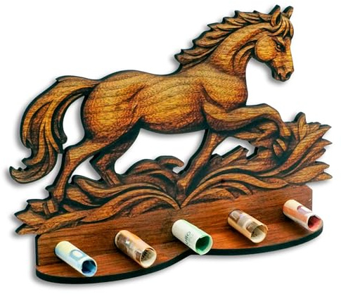 DRO Design Geldgeschenke, Geschenkverpackung Holz-Optik Pferd Motiv – Bargeldgeschenk, Geldpräsent, Kreatives Geldgeschenk, Geburtstag, Hochzeit, Weihnachten