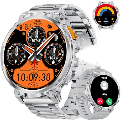 BENYAR SMART Militär Smartwatch Herren, 1.85 HD Großbildschirm, Taschenlampe, Anrufe, 120+ Sportmodi/Schrittzähler/Kalorien Fitnessuhr, Multifunktion Smartwatch für iOS Android, Silber