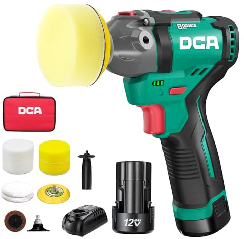 DCA Lucidatrice Auto a Batteria 12V, 75mm Mini Lucidatrice Rotorbitale Lucidatrice Senza Spazzole e 55mm Levigatrice, 2 Batterie da 2,0Ah, 2 Velocità 2800-8300 RPM per Lucidare, Cera e Pulire