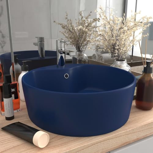 Vasque à Poser Salle de Bain Maison Lavabo rond Évier Lave-Mains de Salle d'eau Vasque a Poser en Céramique Moderne, Bleu foncé mat 36x13cm