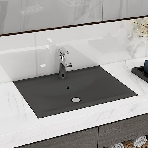 Lavabo Rectangulaire with Céramique, Finition Mate, Vasque à Poser Salle de Bain, Lavabo Salle de Bain, Meuble Vasque Salle de Bain, Lave Main, Gris Foncé, 600 x 460 x 160 mm