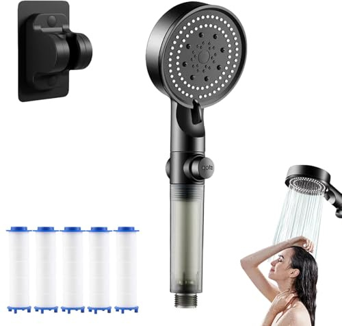 High Pressure 5-Mode Filtered Shower Head, Shower Head with Handheld & Silicone Nozzle,Built-in Power Wash for Hard Water (A)