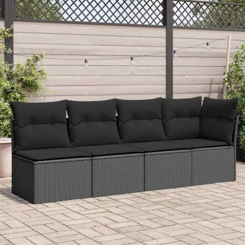 Qnhdfrt Gartensofa 4-Sitzer Schwarz PE-Rattan mit Kissen, UV-beständig und wetterfest, bequemes Lounge-Set für Garten, Balkon und Terrasse
