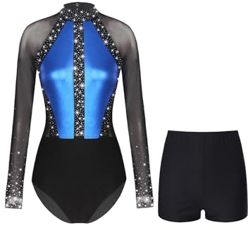 FEESHOW Women Sheer Mesh Long Sleeve Gymnastics Leotard Figure Skating Jumpsuit Athletic Dance Bodysuit RoyalBlue Small