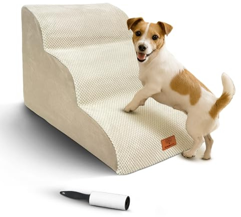 Pet Buddies & Co. Dog Steps for Bed, Non-Slip Pet Stairs for Small Dogs & Cats, Dog Ramp for Sofa with High Density Foam, Removable Cover & Lint Roller (Beige, 3-Step, 60(L) x 40(W) x 40(H) cm)