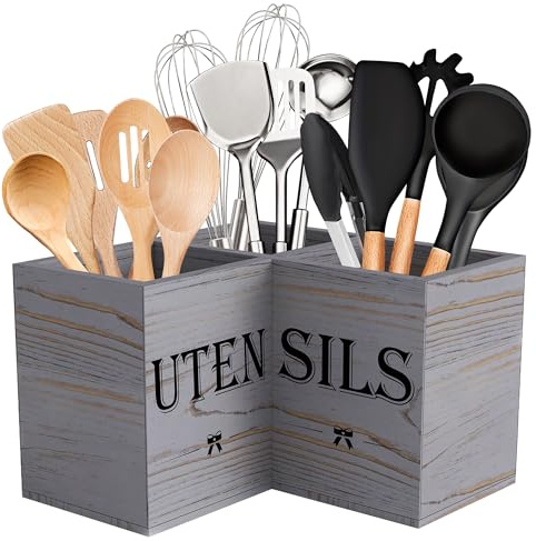 Suli Extra Large Utensil Holder Countertop for Kitchen Counter,Grey Grain | Hold 40 Utensil,Removable Divider,Rutic Silverware Organizer Caddy,Spacesaving,Farmhouse Cooking Crock for Spatula,Spoon,Wood
