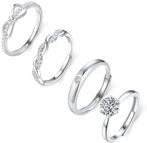 JOOTUEPO 4 Piezas Anillo Plata 925 Mujer, Infinito Anillos con Zirconia, Anillos Cristal Ajustable Hipoalergenicos/Fidget, Anillo de Promesa de Compromiso