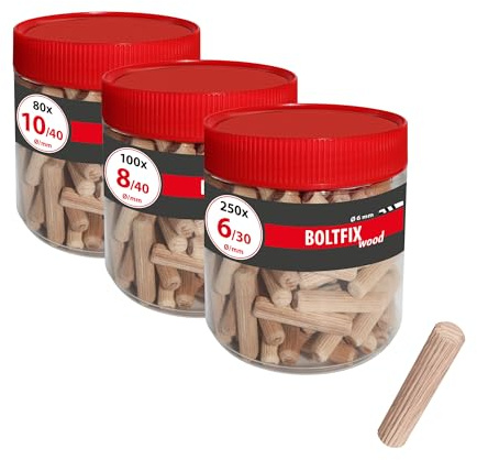 TOX Holzdübel Boltfix Wood Set (430-tlg.), Dübel aus Buchenholz in 3 Größen, 6/30, 8/40 und 10/40, zuverlässige Holzverbindungen, für alle Möbel geeignet, in der Runddose, 015909004