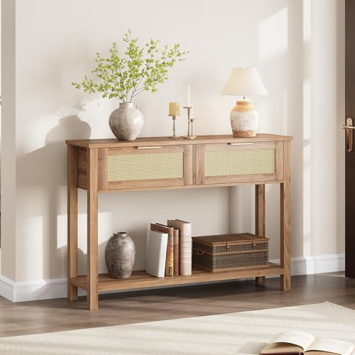 Garvee Table Console à 2 Niveaux, Meuble d’Entrée, Table d'appoint avec 2 Tiroirs en Rotin et Étagère de Rangement, pour Couloir Chambre Salon